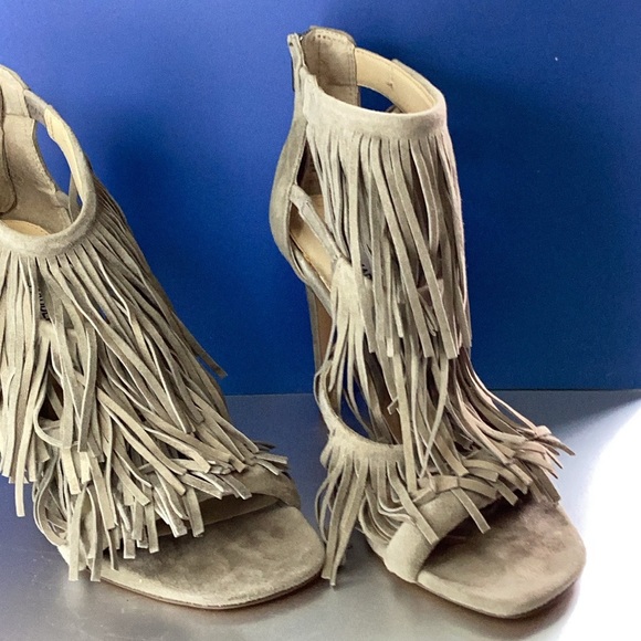 Steve Madden Taupe Fringe Heeled Sandals - Picture 2 of 5